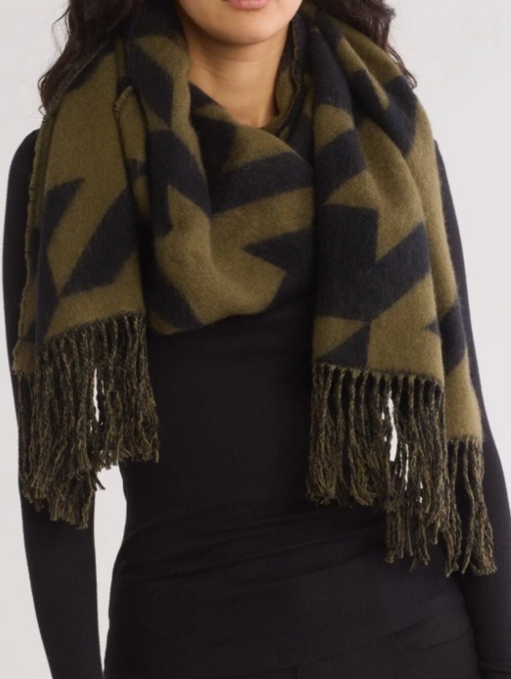 AllSaints Toni Houndstooth Wool Blend Fringe Hem Neo Green & Black Marl Scarf